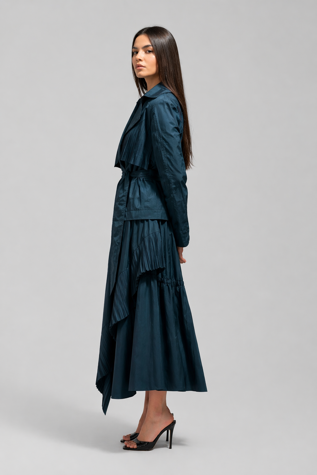 Pleated Detail Belted Jacket & Skirt Set