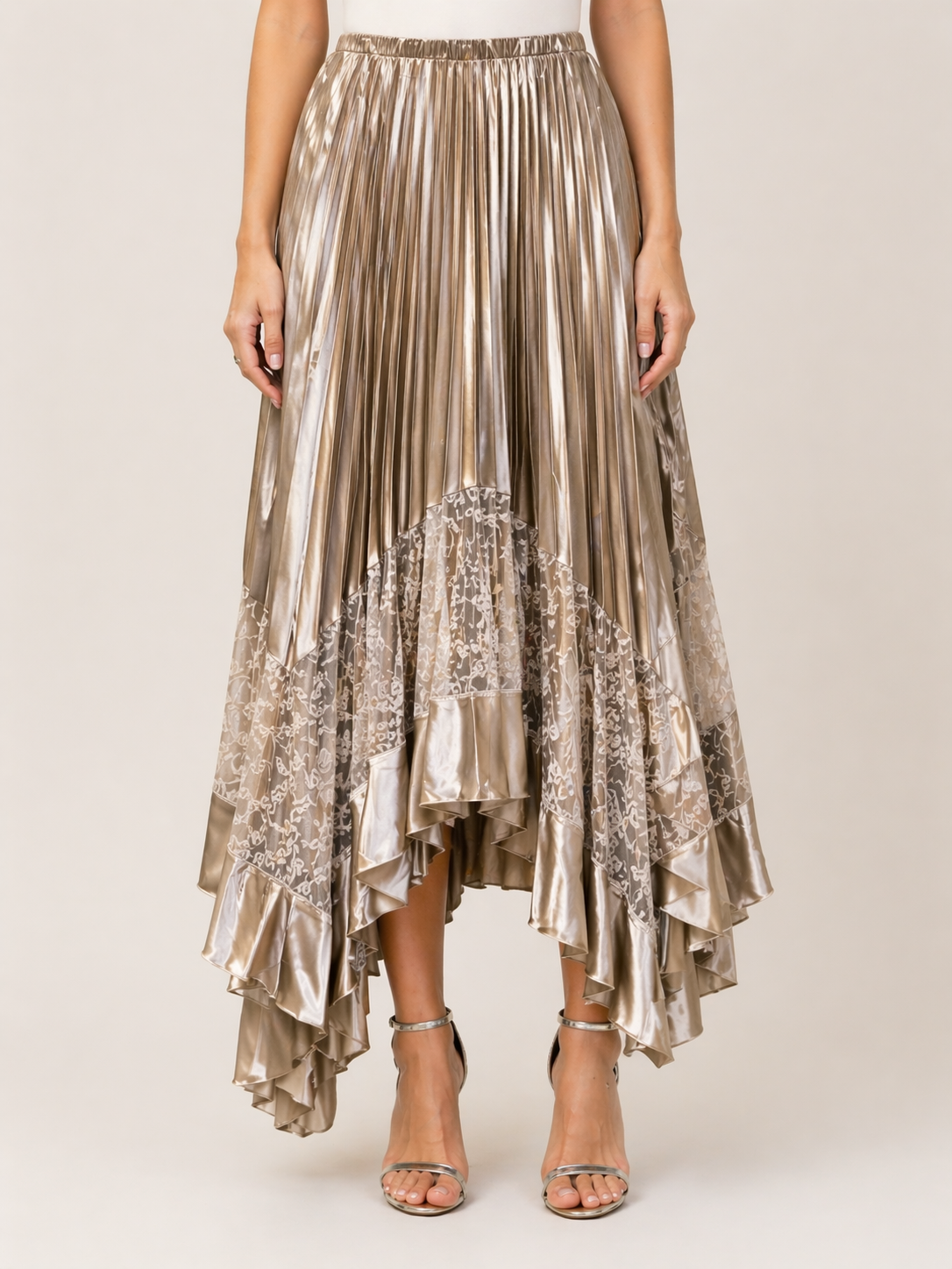 Metallic Pleated Lace Skirt – Champagne Gold
