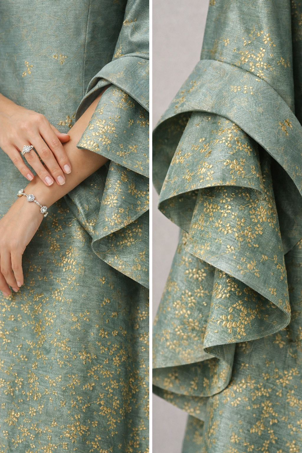 Shimmering Long Evening Bell-Sleeve Dress