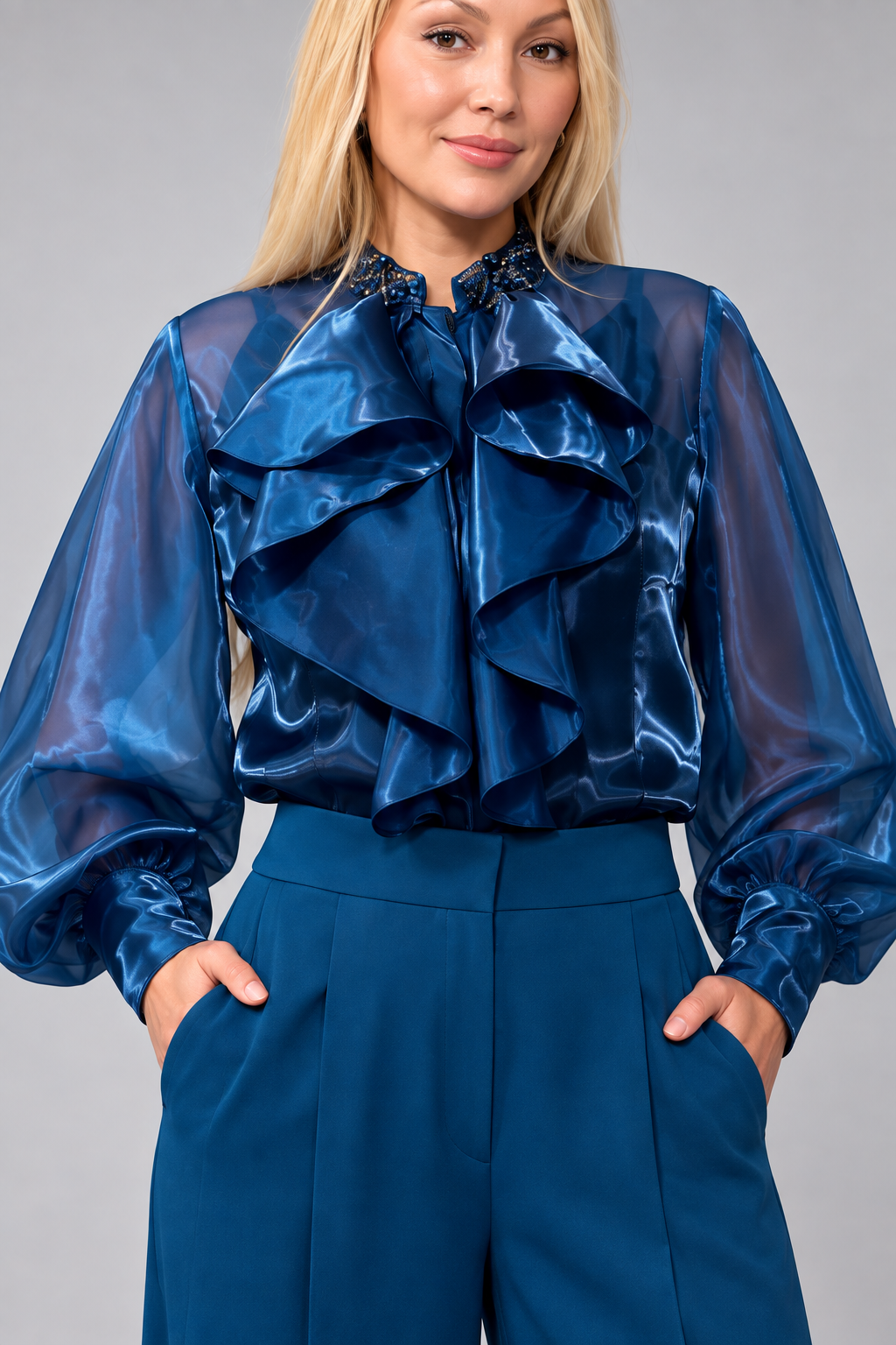 SAY Petrol Ruffle Blouse