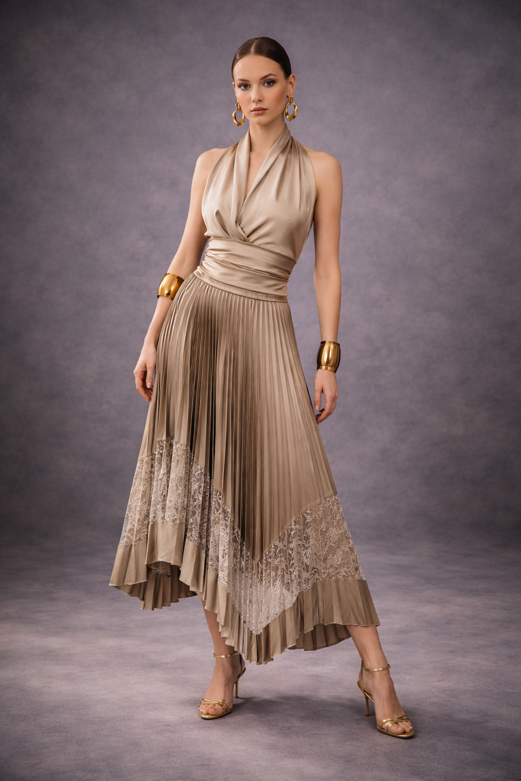 Metallic Pleated Lace Skirt – Champagne Gold