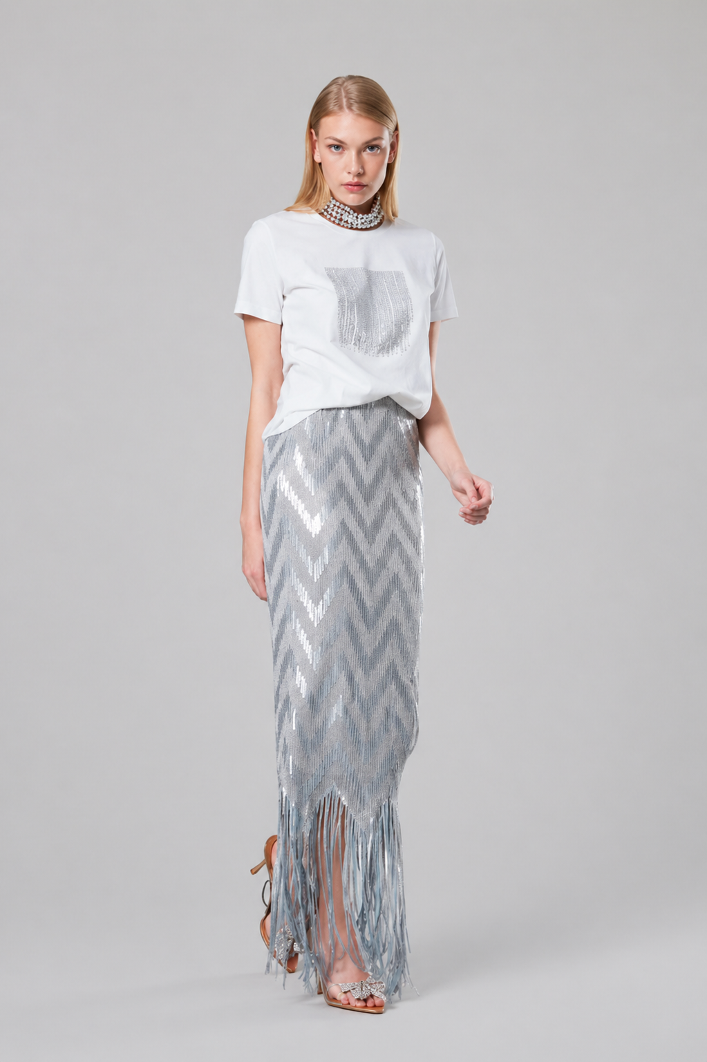 Sequin Fringe Skirt – Silver Mist
