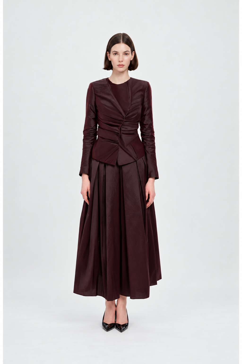 Burgundy Ruched Jacket & Pleated Midi Skirt Set
