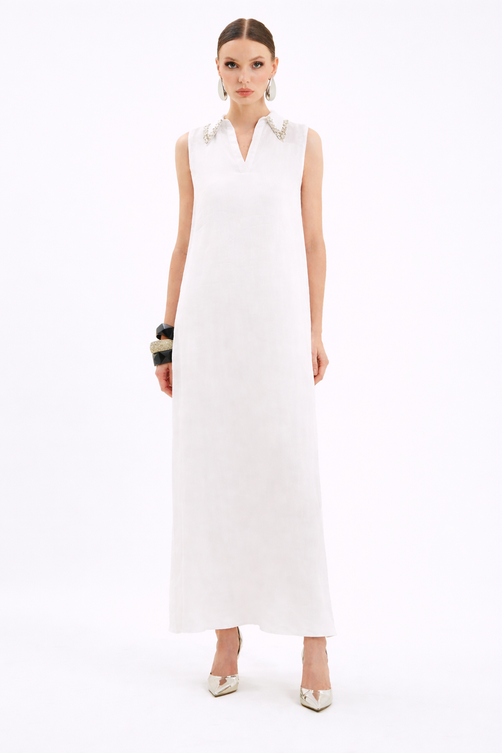 Linen Long Dress with Stones Collar