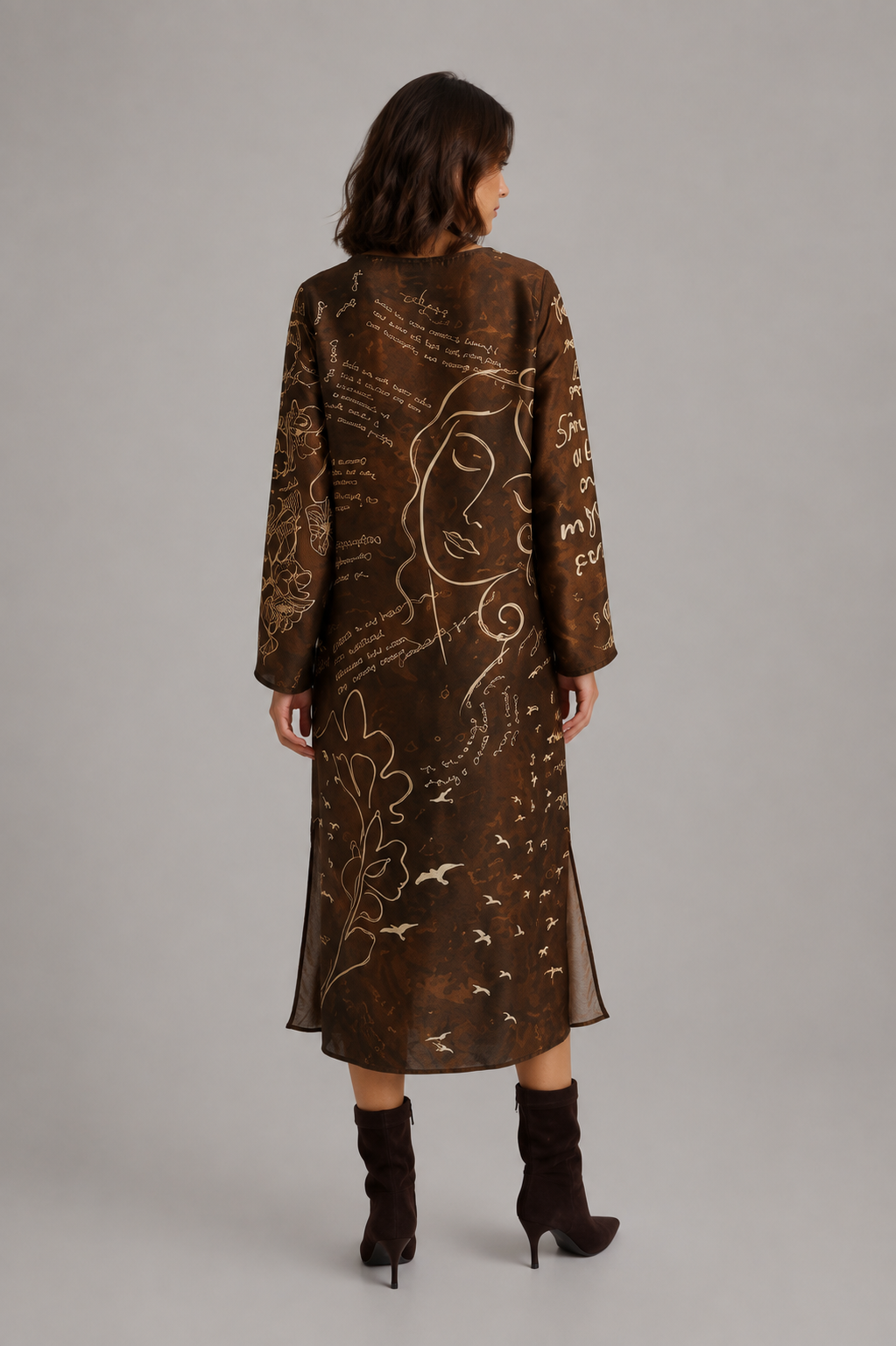 Chocolate Brown Artistic Print Midi Dress