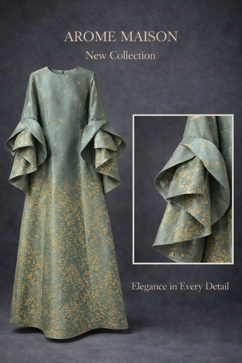 Shimmering Long Evening Bell-Sleeve Dress