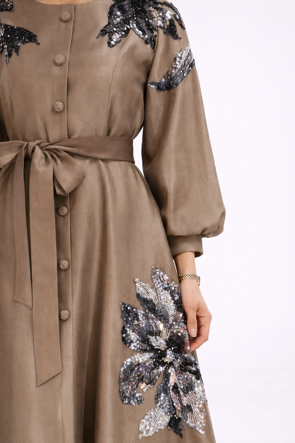 Embellished Linen Midi Dress in Taupe