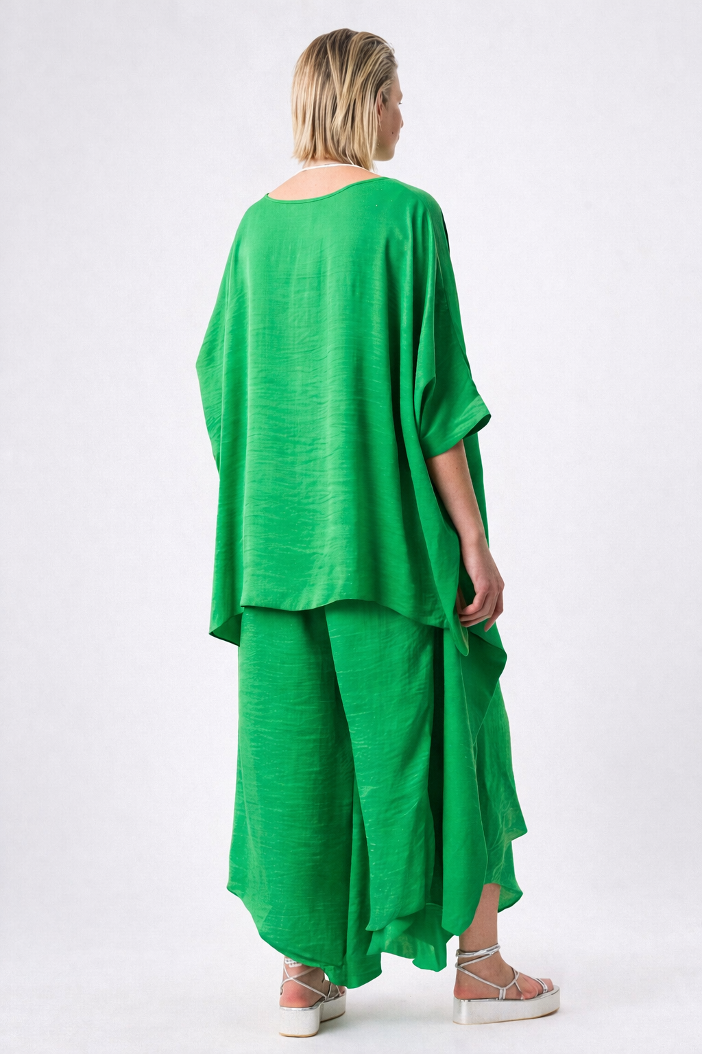 Vibrant Green Silk-Satin Tunic and Wide-Leg Trousers Set