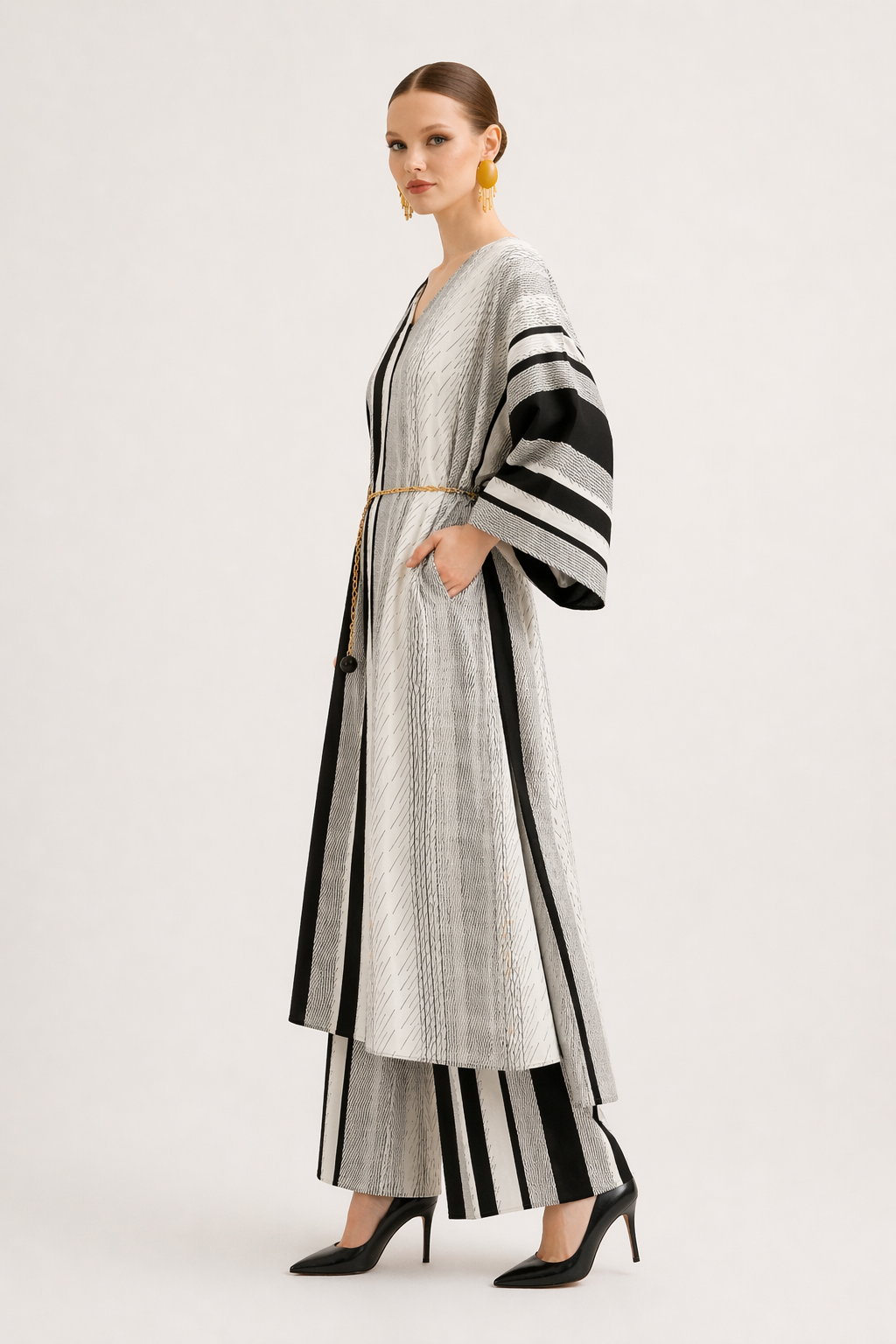 Striped Kaftan Set – Monochrome Elegance
