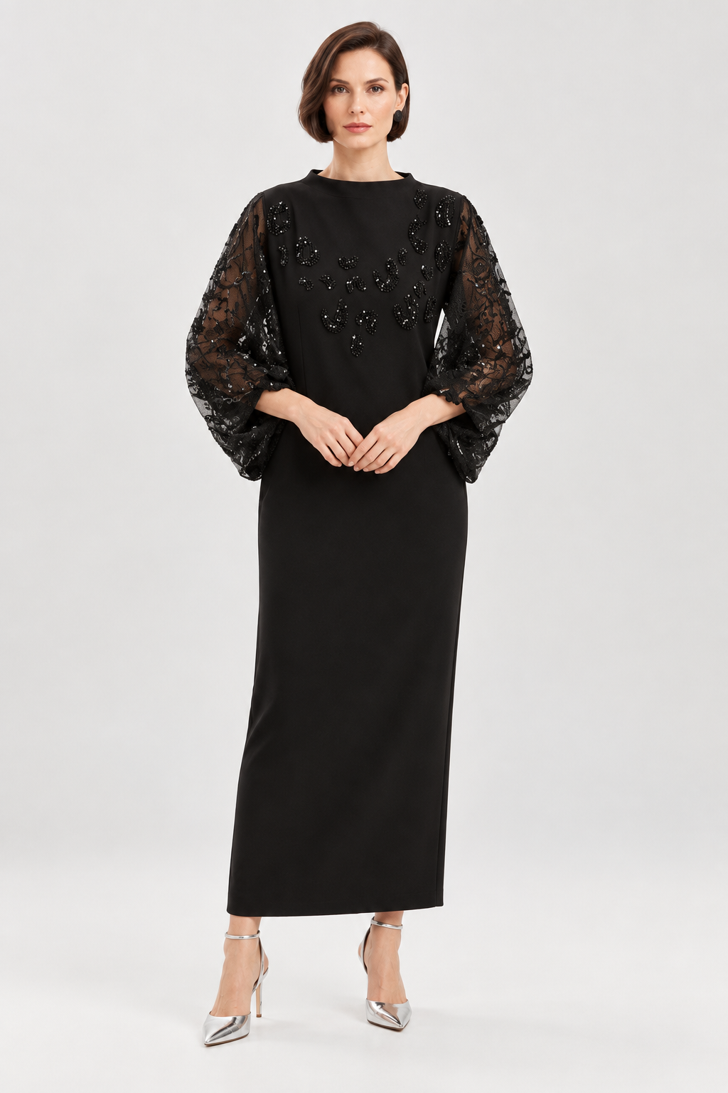 VERDA Embellished Sheer-Sleeve Black Maxi Dress