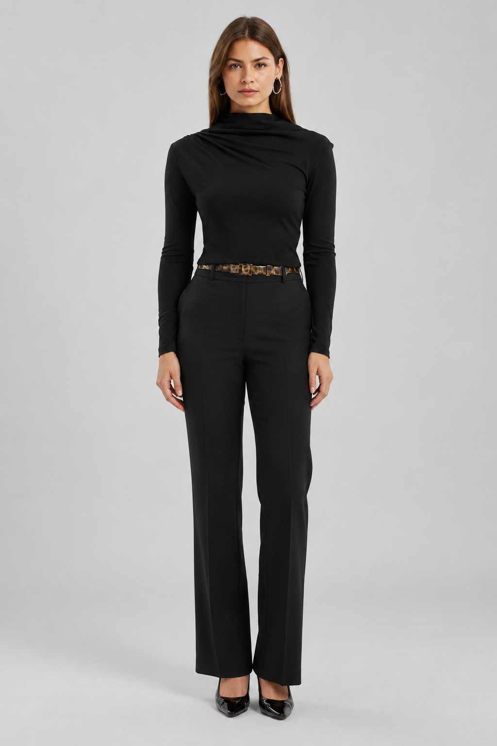 Asymmetric Draped-Neck Blouse – Black