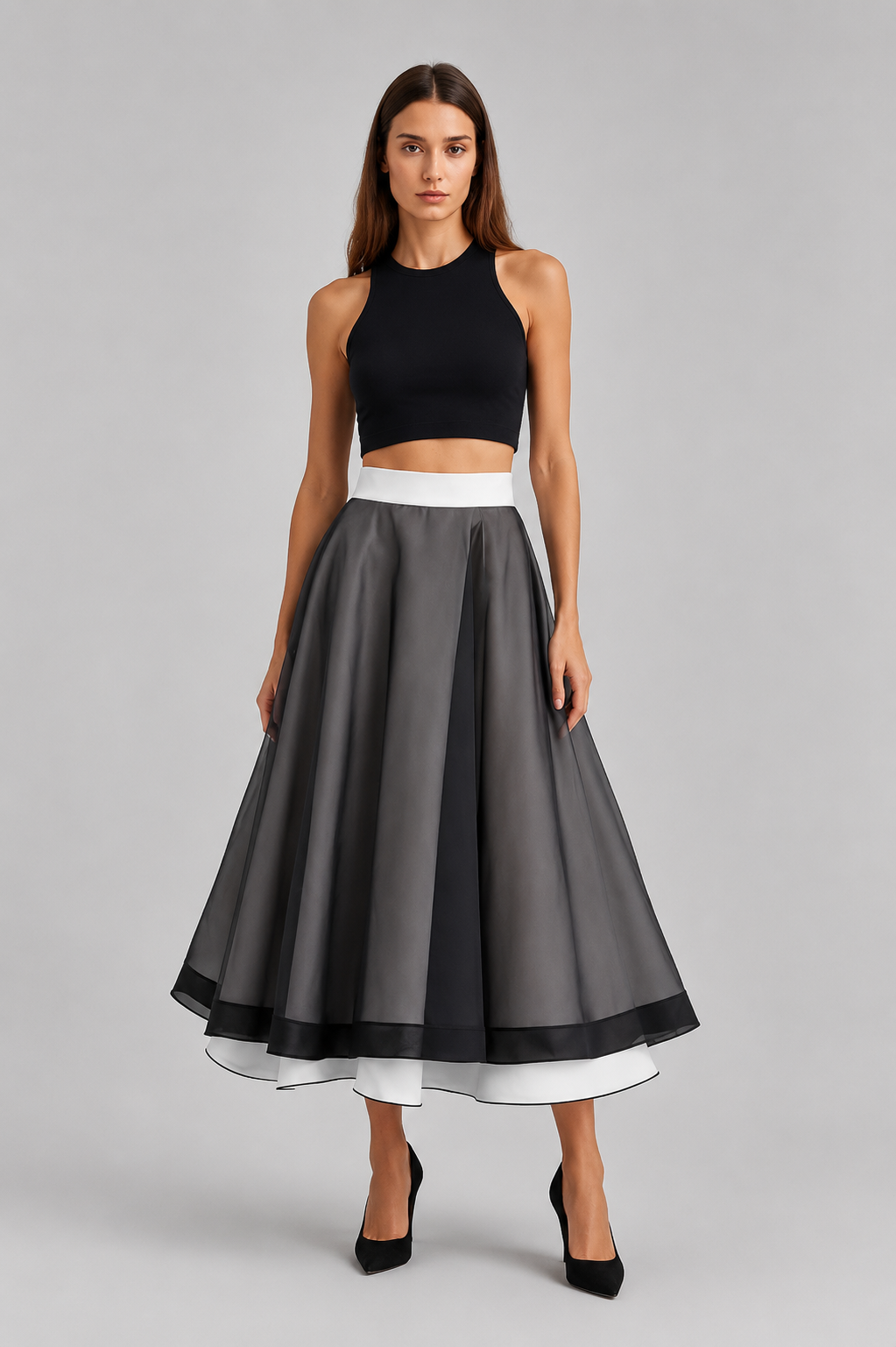 Two-Tone Satin Flare Skirt