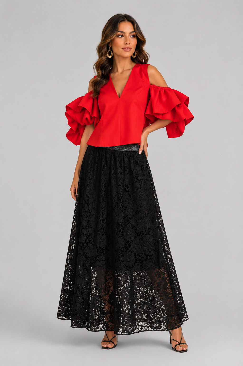 Red Cold-Shoulder Ruffle Blouse