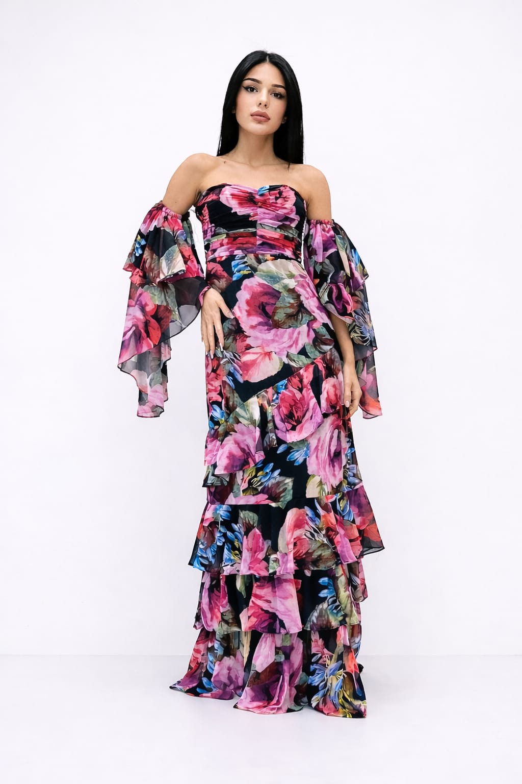 Midnight Bloom Off-Shoulder Gown