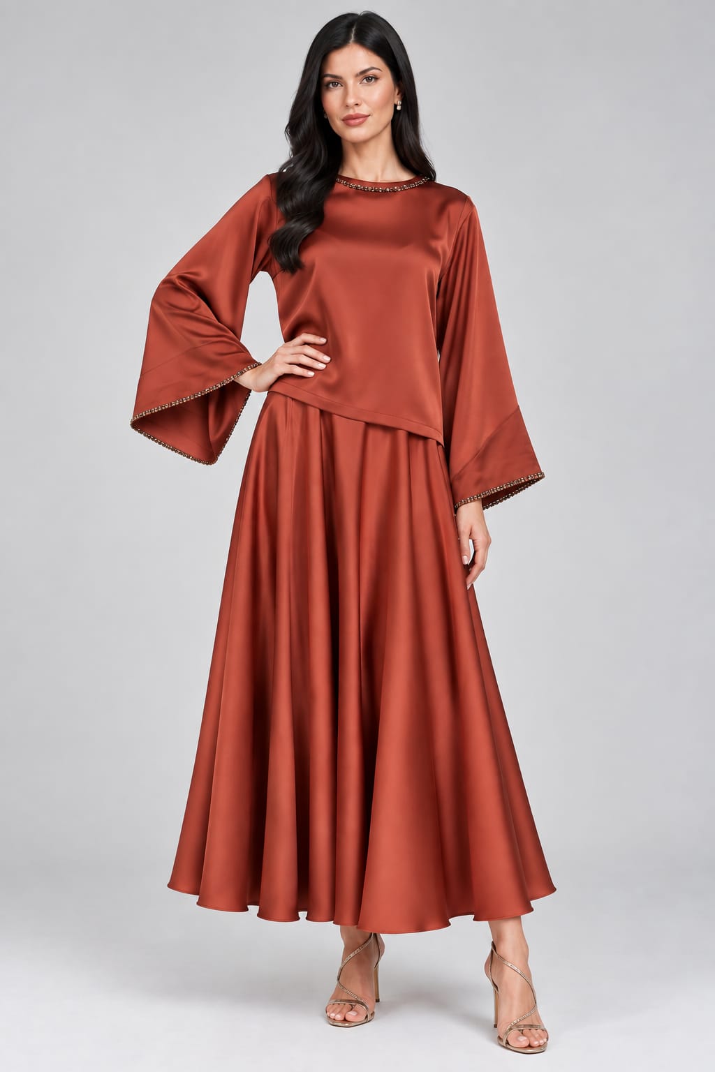 Embellished Satin Two-Piece Set – Rust