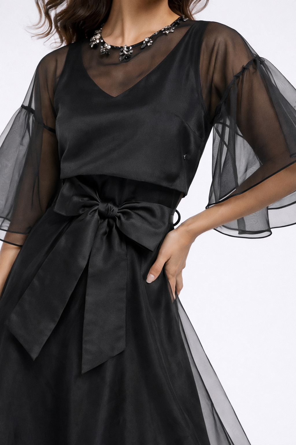 Black Organza Overlay Midi Dress