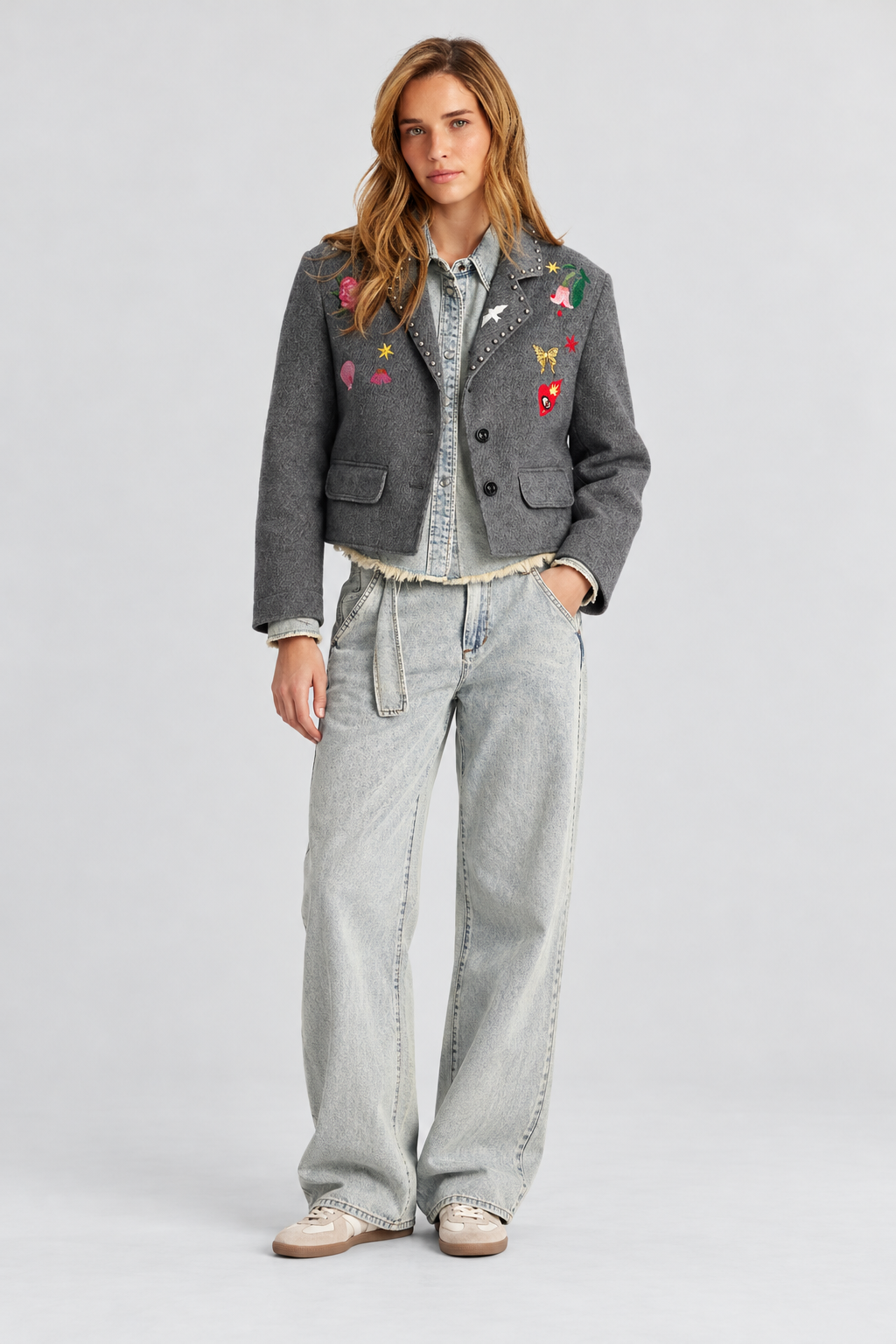 Grey Embroidered Studded Jacket