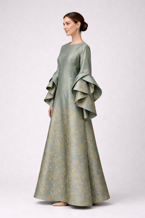 Shimmering Long Evening Bell-Sleeve Dress