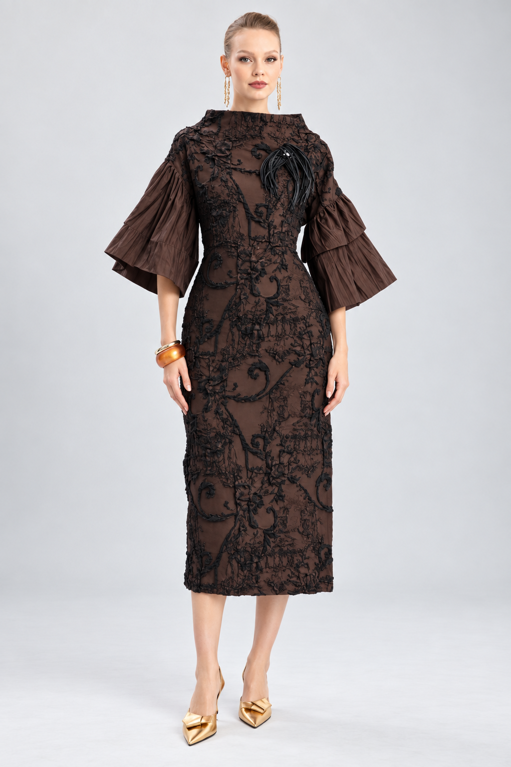 Textured Floral Midi Dress