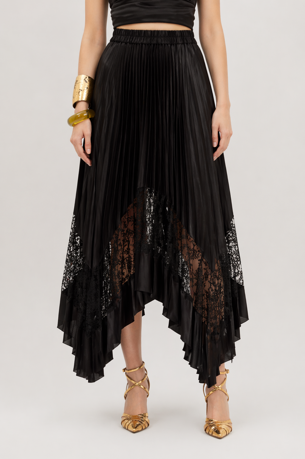 Pleated Lace Panel Skirt – Black