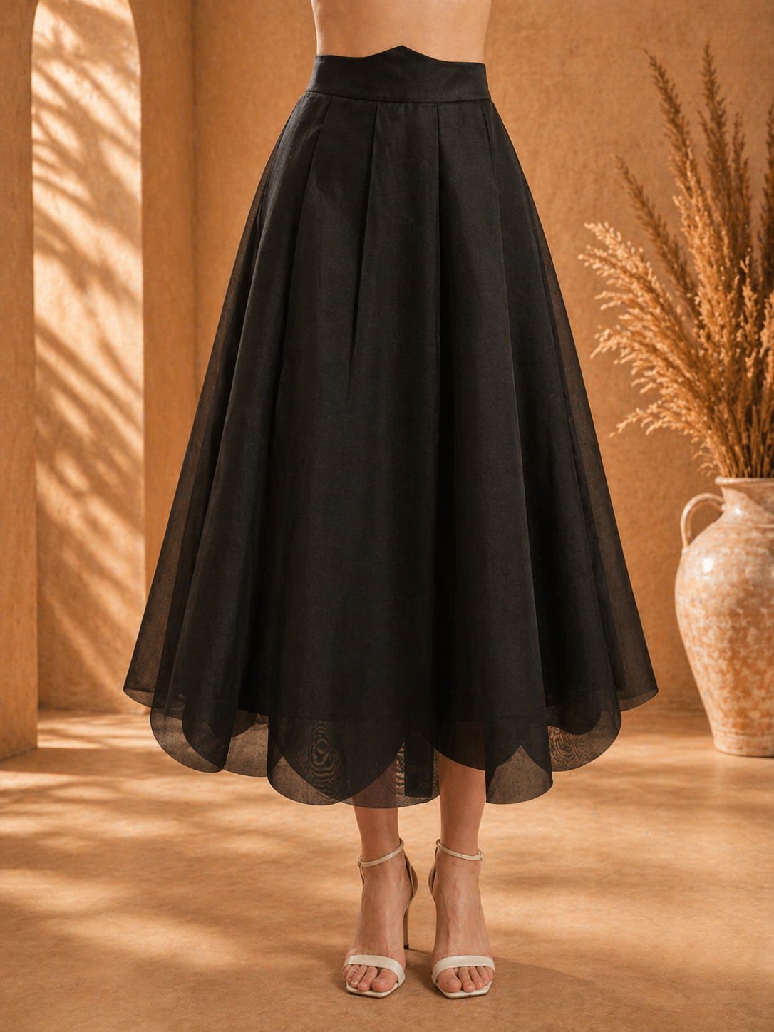 Black High-Waisted Midi Skirt
