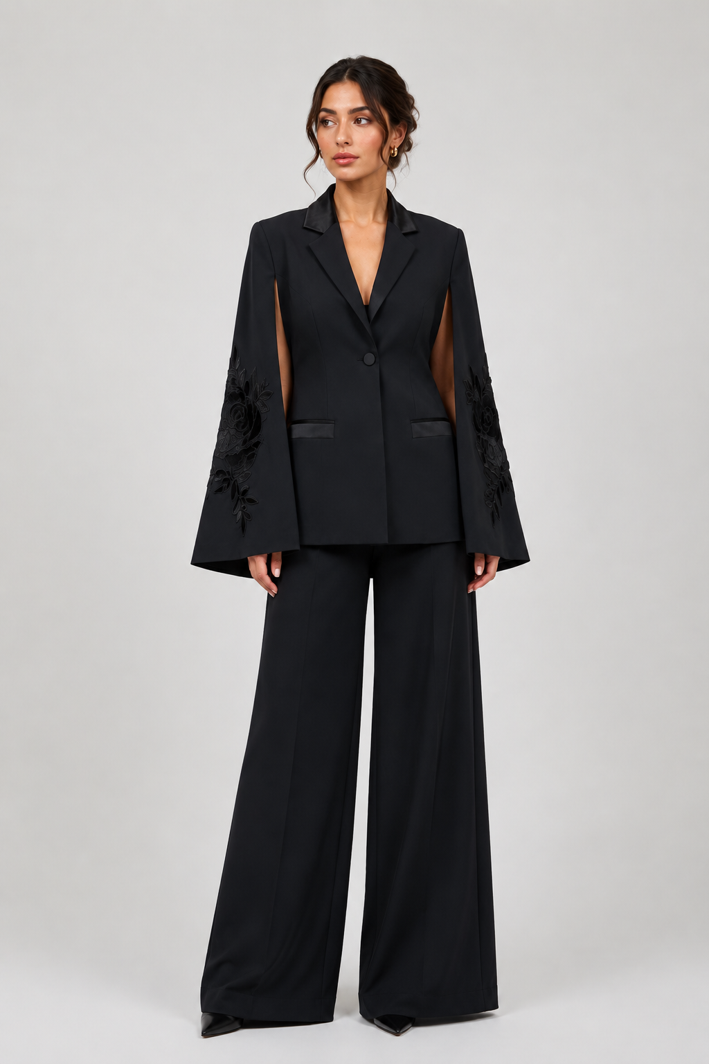 Black Floral Embroidered Cape Blazer