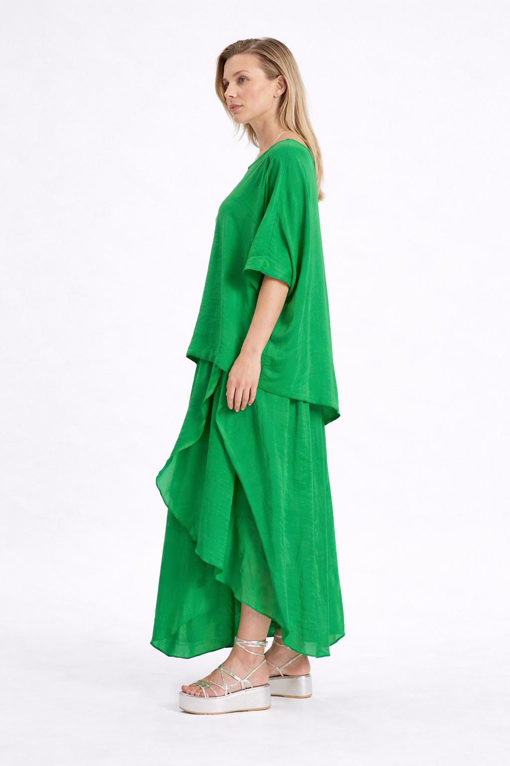 Vibrant Green Silk-Satin Tunic and Wide-Leg Trousers Set