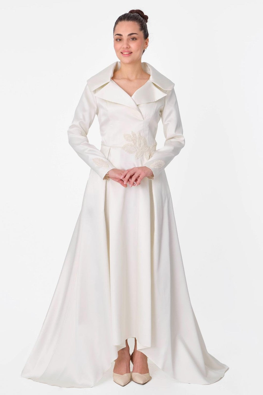 Satin Leaf-Accented A-Line Dress