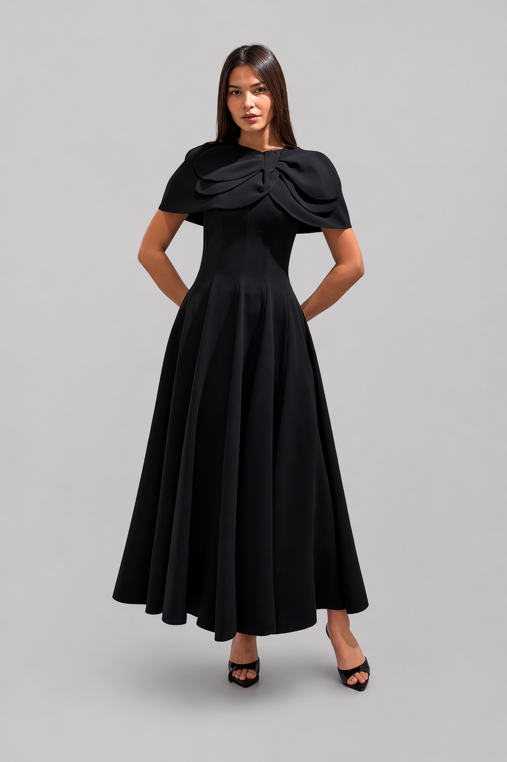 Black Sculpted Cape Midi Dress