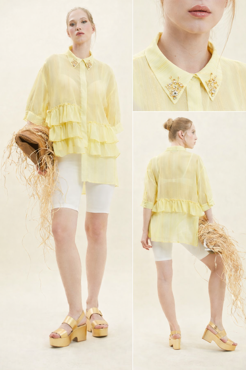 Yellow Ruffled Blouse with Embellished Collar