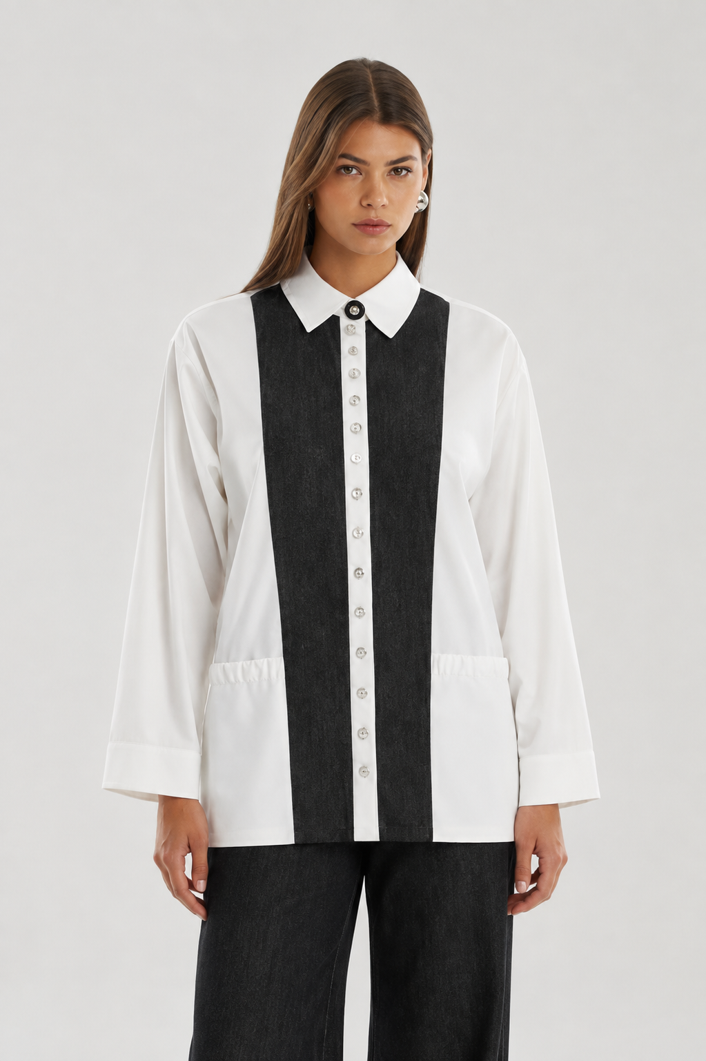 Gizia Dark Grey & White Colour-Block Shirt