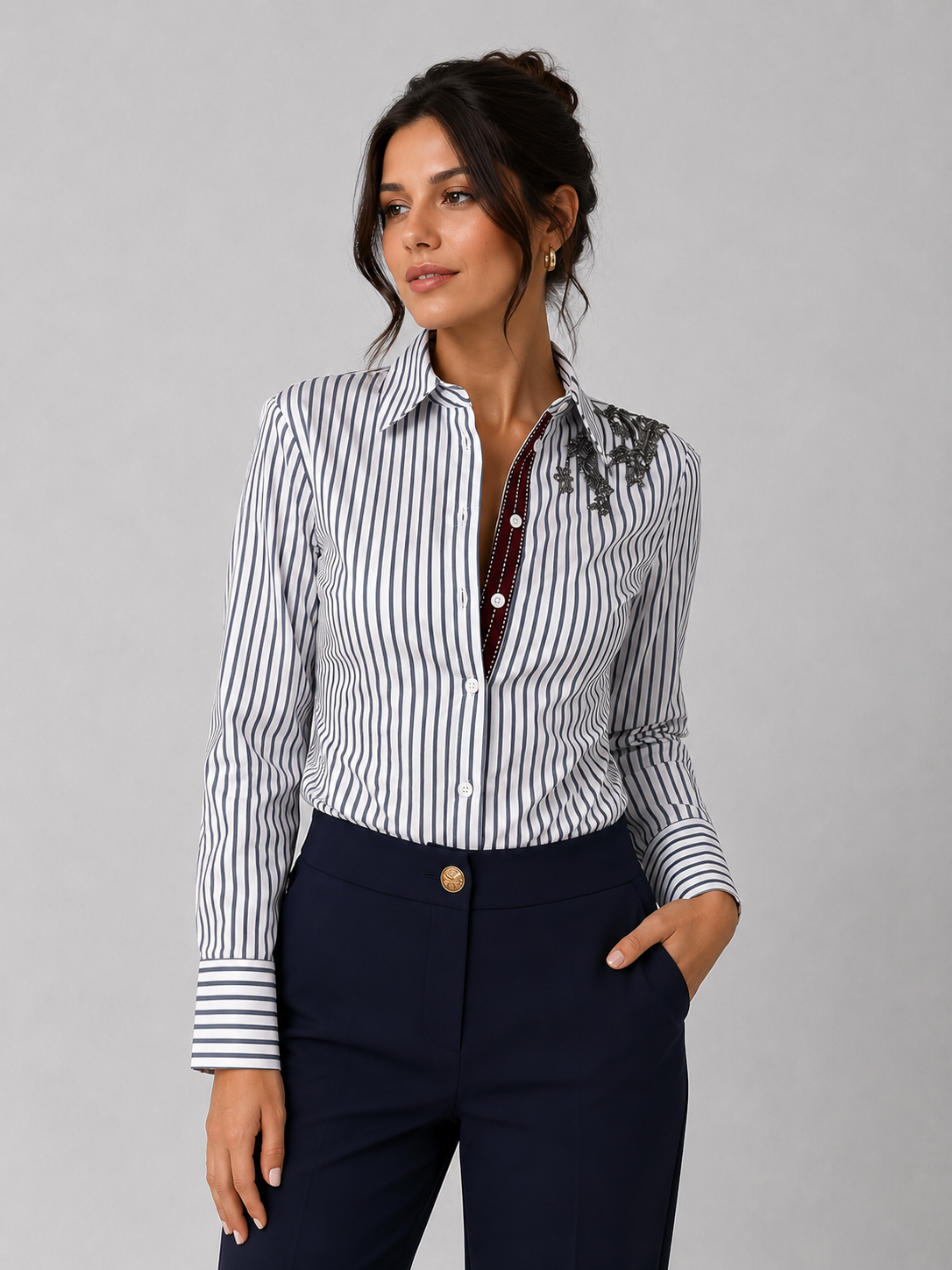 Striped Button-Down Shirt with Floral Embellishment