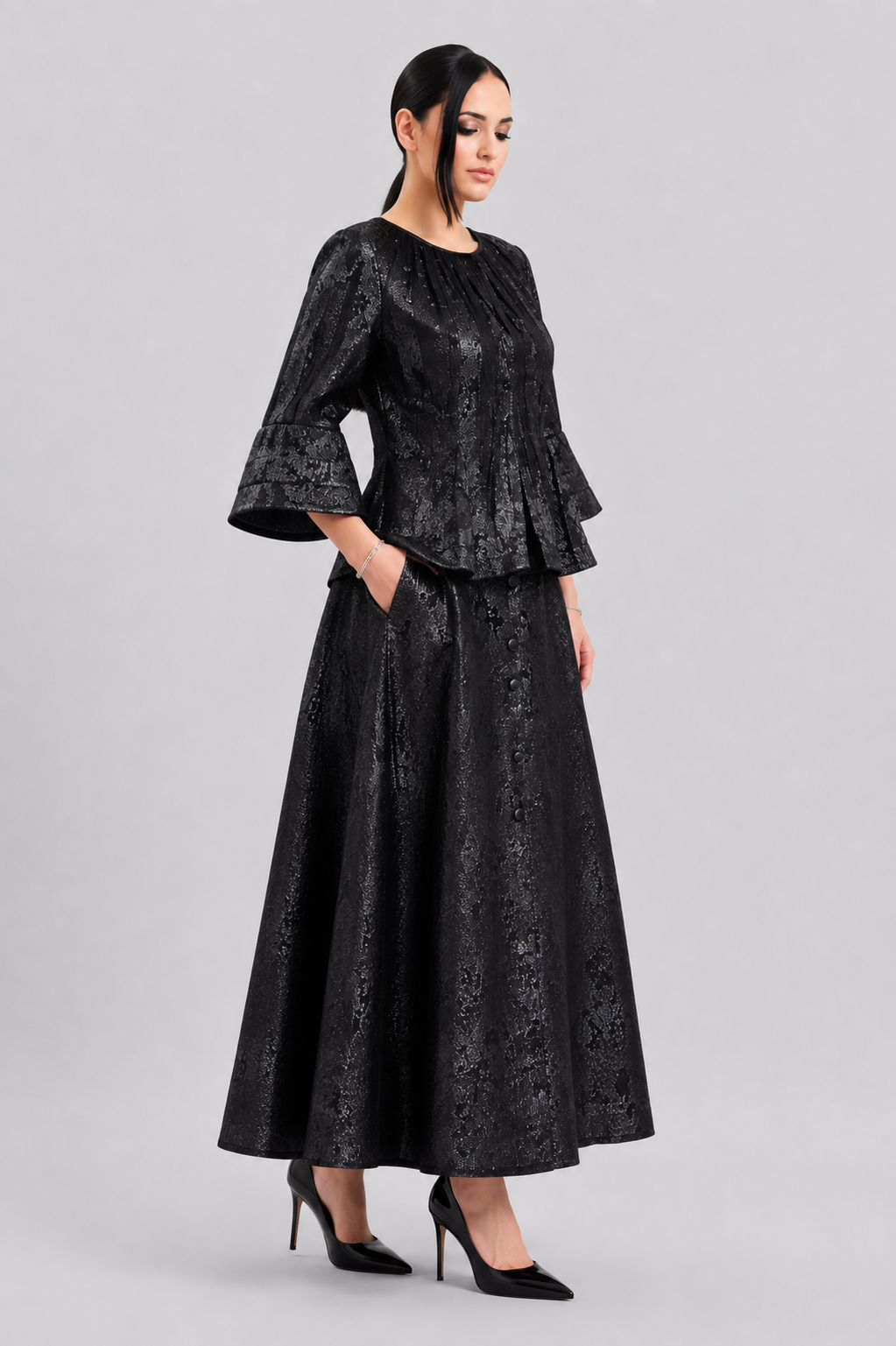 Textured Black A-Line Maxi Skirt