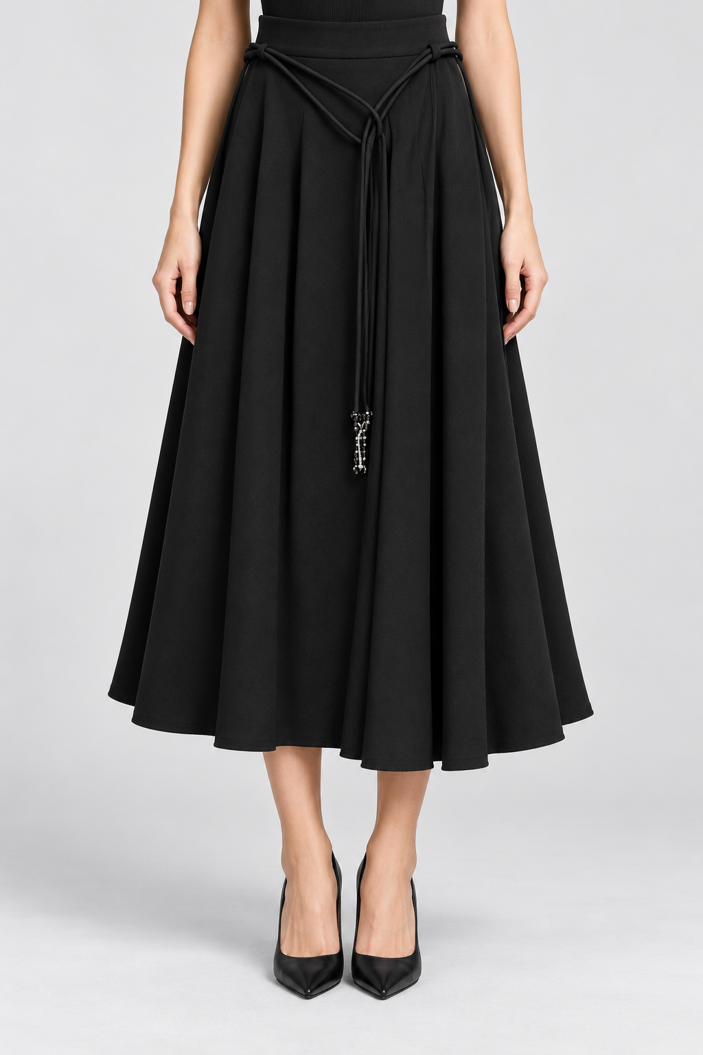 Black Crystal-Tassel Midi Skirt