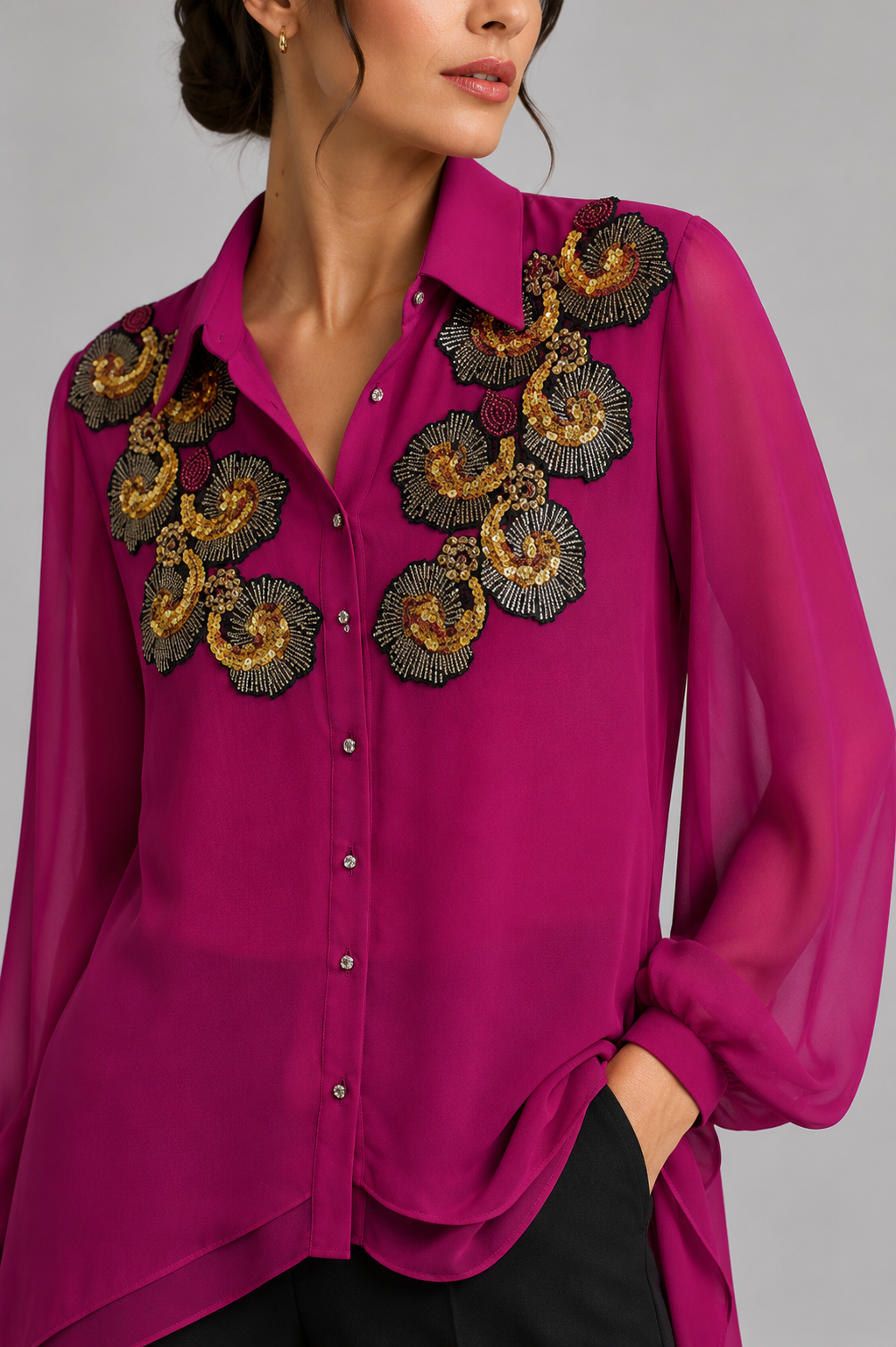 Short Magenta blouse with gold sequin florals
