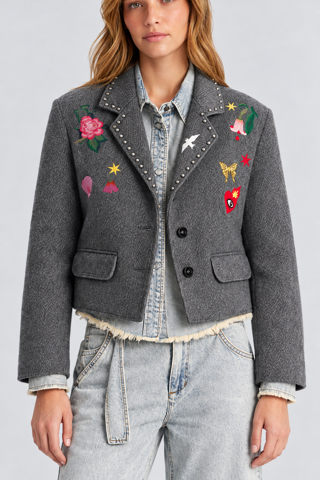 Grey Embroidered Studded Jacket