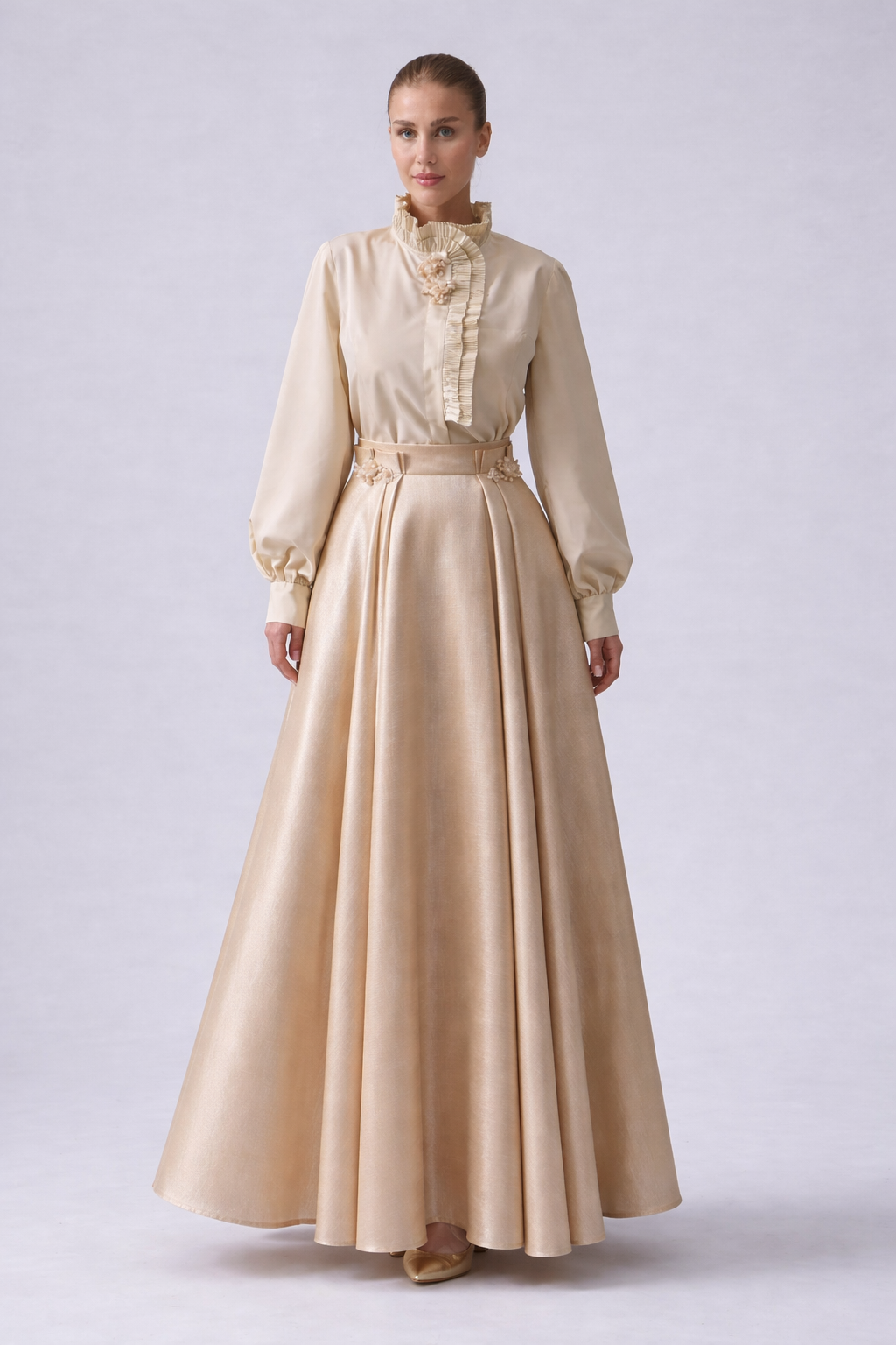 Ruffled Cream Satin Blouse