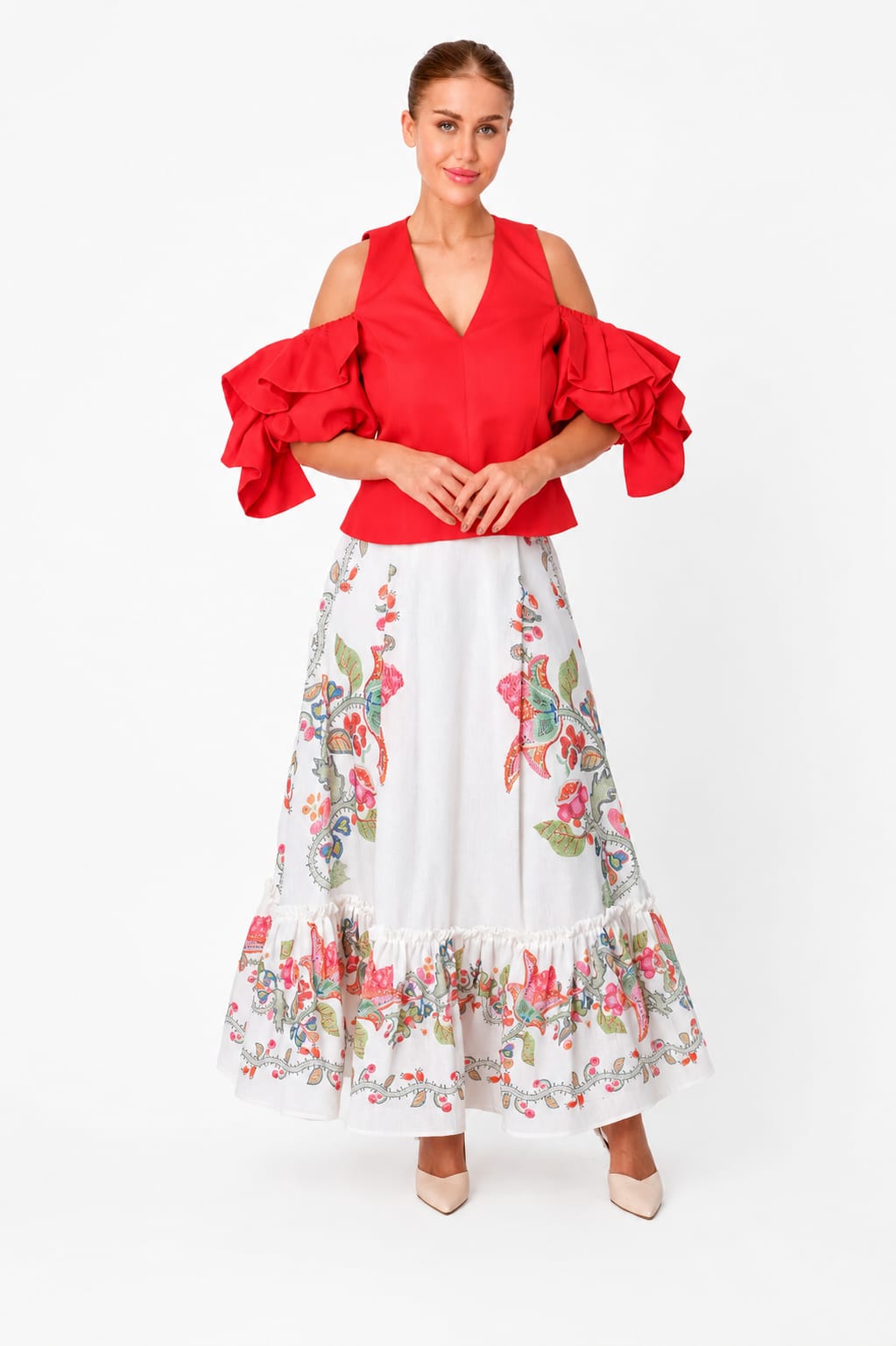 Red Cold-Shoulder Ruffle Blouse