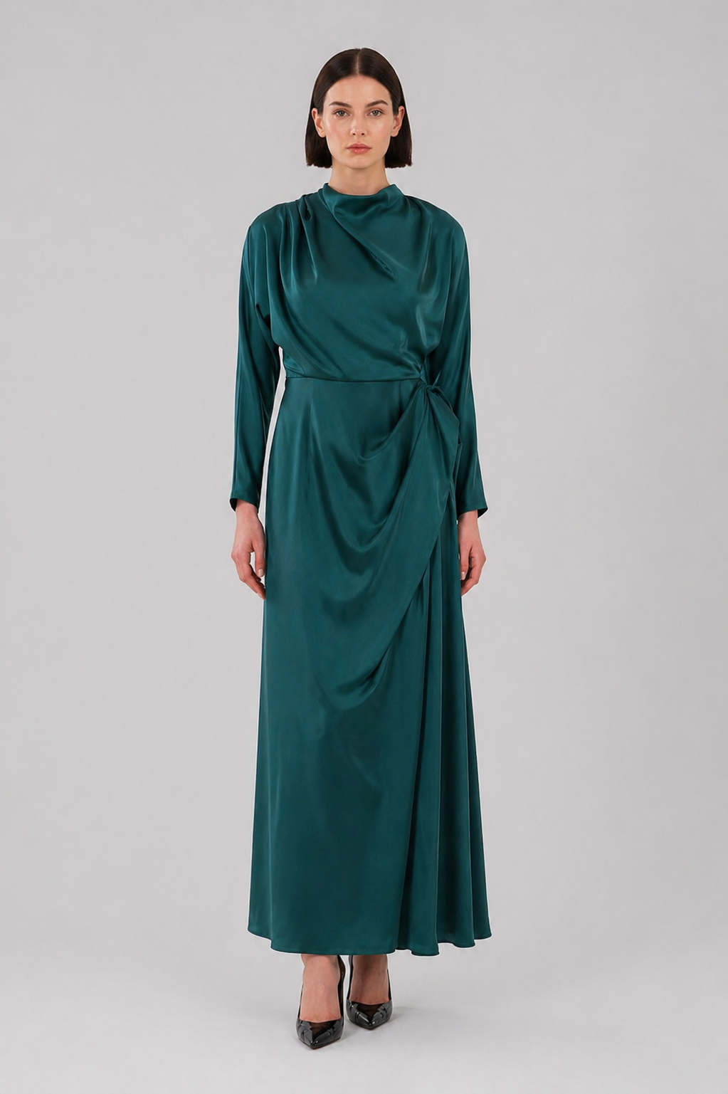 Emerald Draped Satin Dress