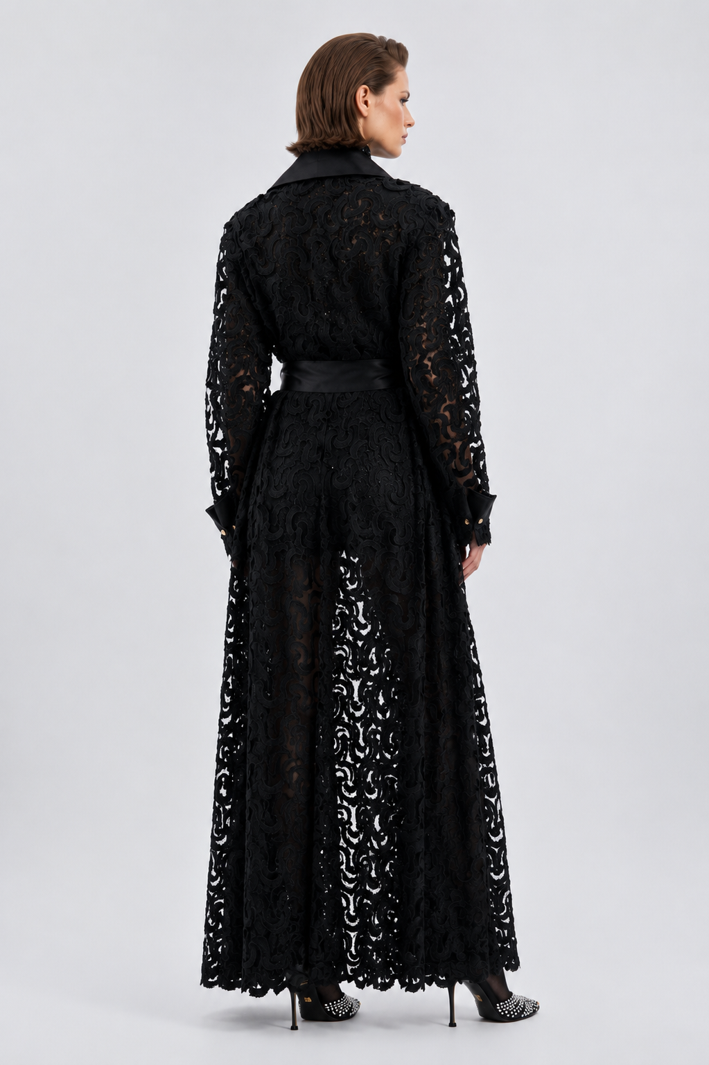 Luxury Black Lace Belted Coat