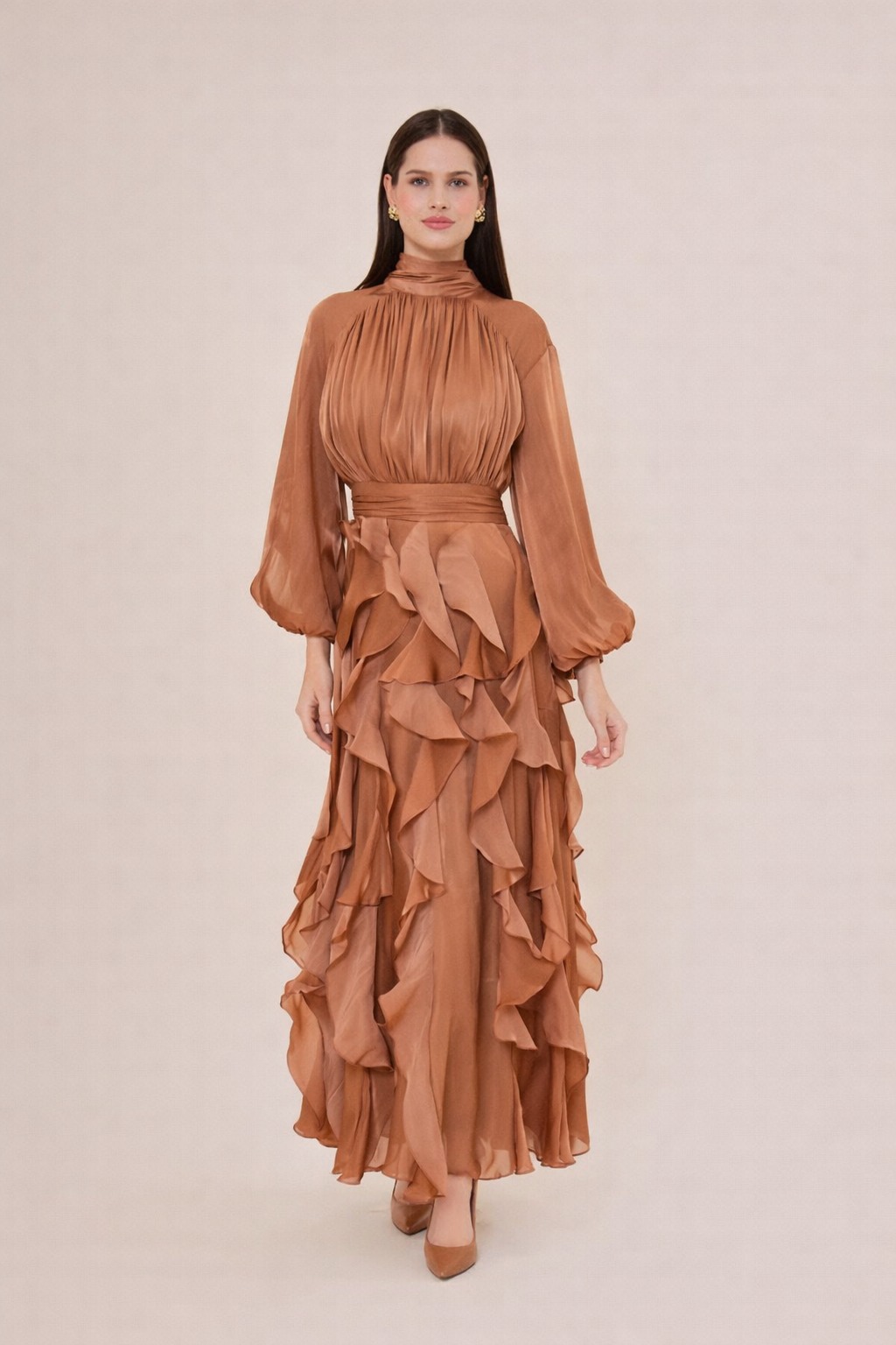 Shimmering Long Evening Bell-Sleeve Dress – Arome Maison