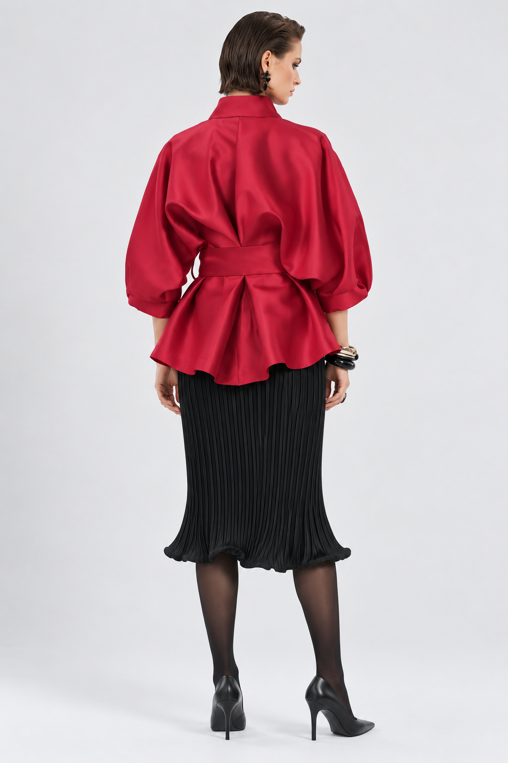 Satin Belted Statement Jacket – Red