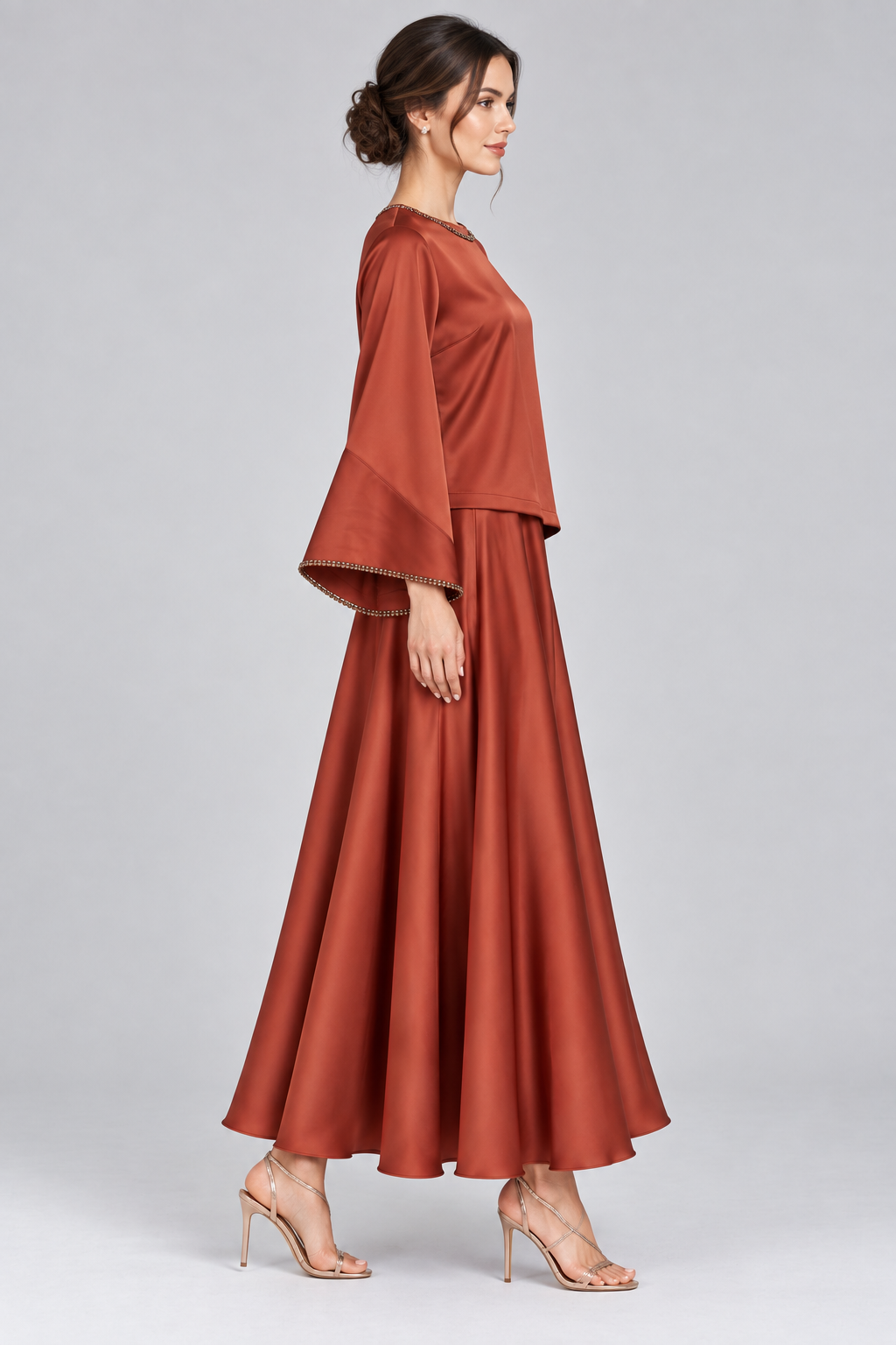 Embellished Satin Two-Piece Set – Rust