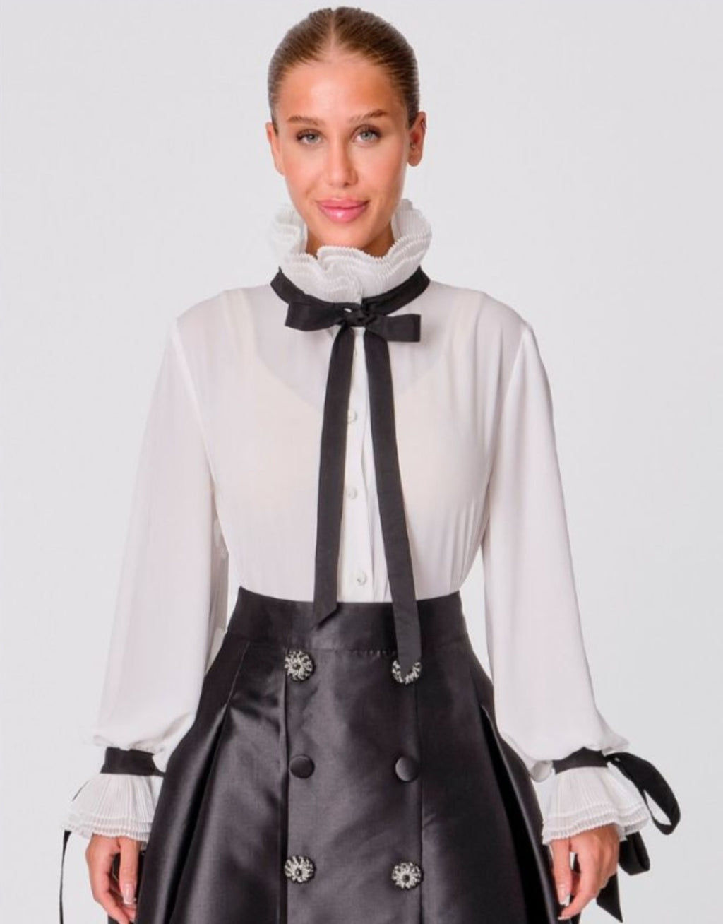 Pleated Ruffle Contrast Blouse