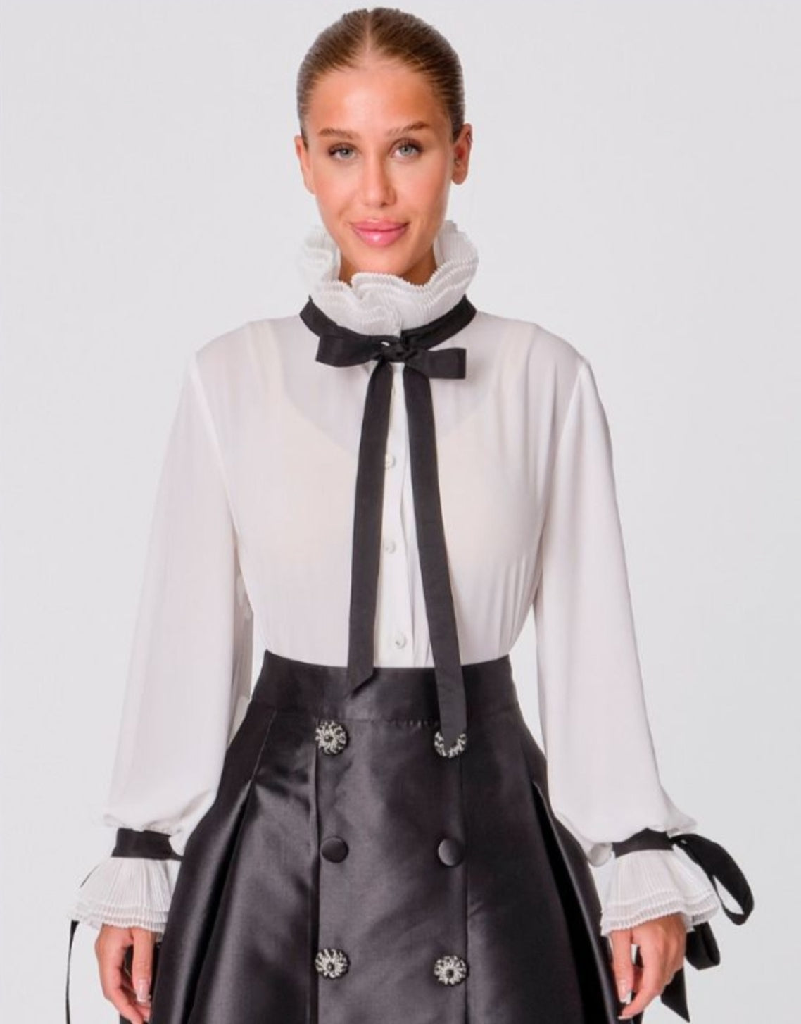 Pleated Ruffle Contrast Blouse