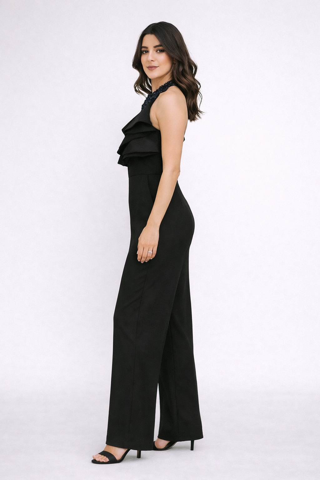 Ruffle Jumpsuit with Embellished Neckline