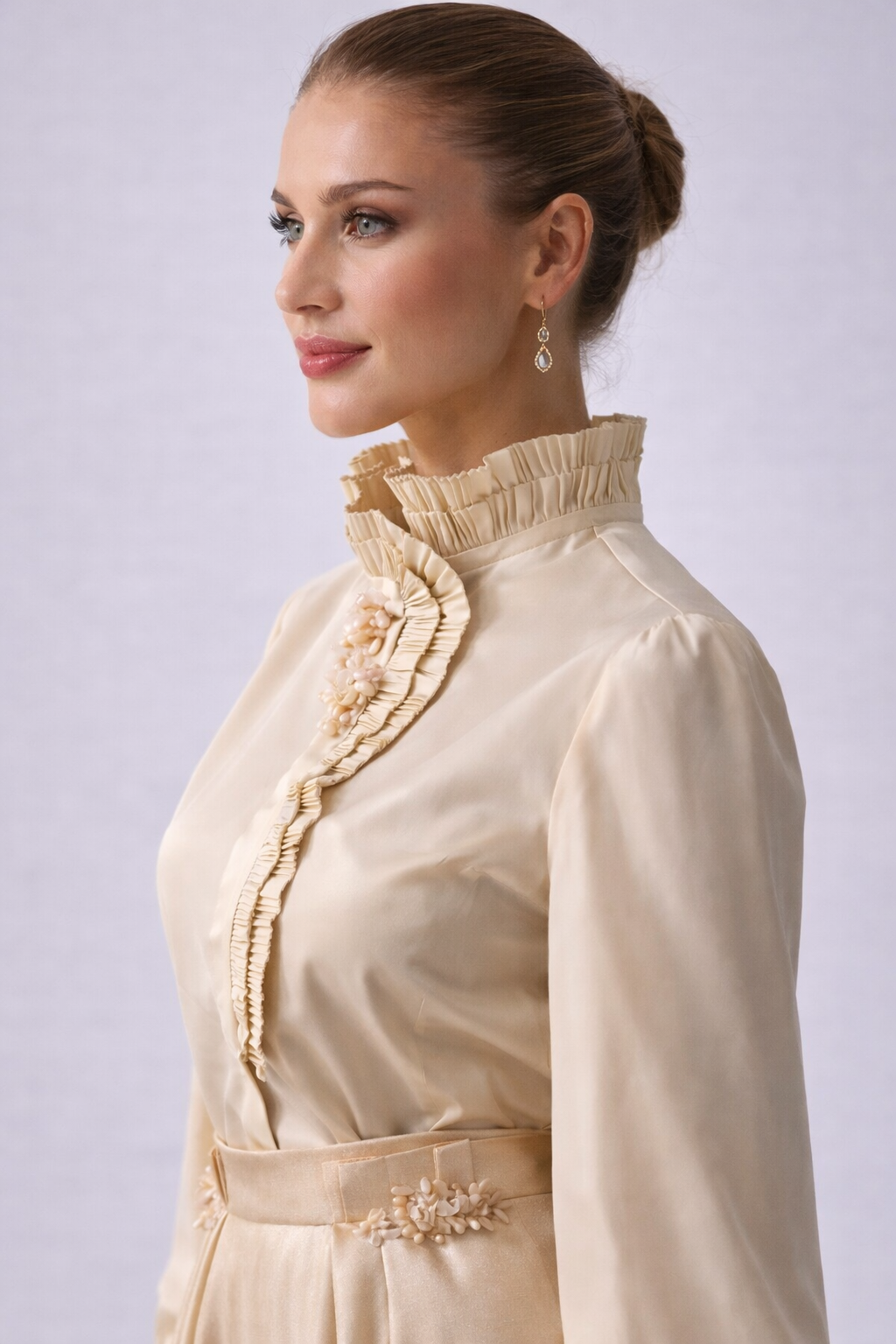 Ruffled Cream Satin Blouse