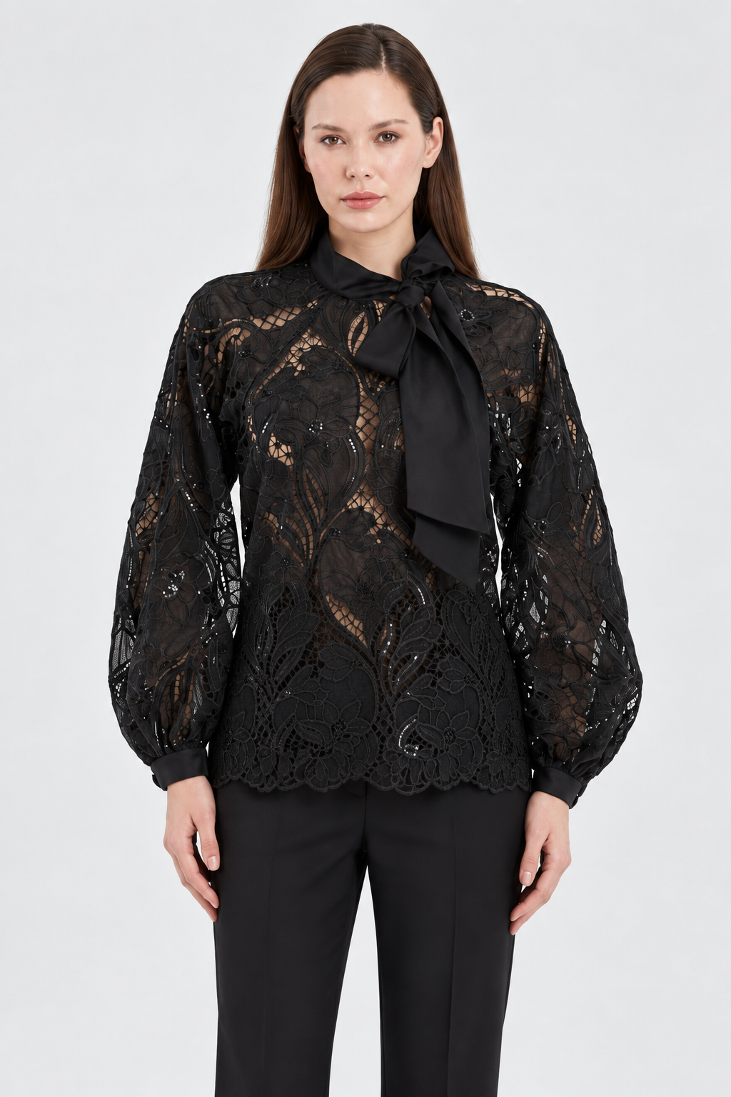 Black Lace Bow-Neck Blouse