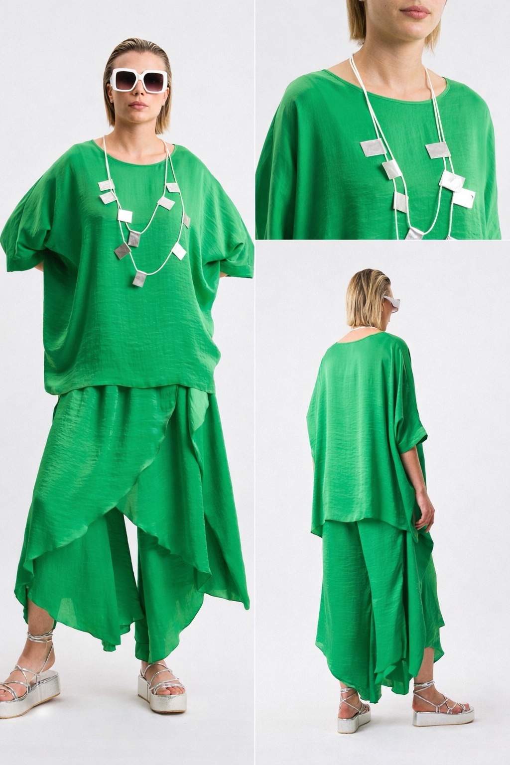 Vibrant Green Silk-Satin Tunic and Wide-Leg Trousers Set