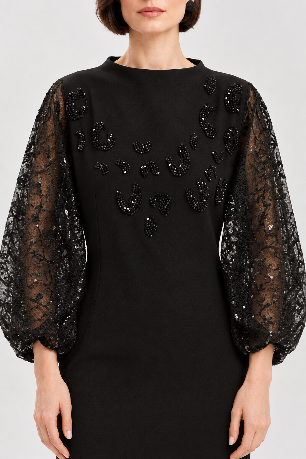 VERDA Embellished Sheer-Sleeve Black Maxi Dress